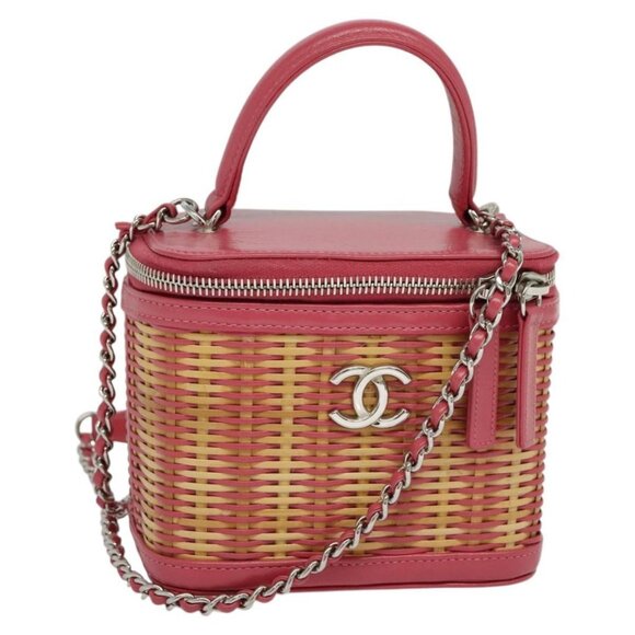 CHANEL Wicker Vanity Chain Shoulder Bag Rattan 2way Pink Silver CC Auth - Picture 1 of 16
